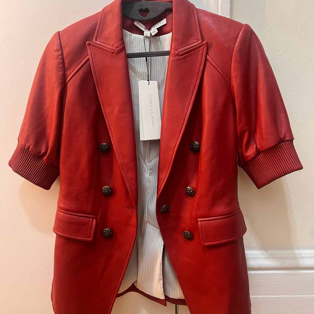 NWT Veronica Beard Red Double-Breasted Leather Blazer - Picture 5 of 11